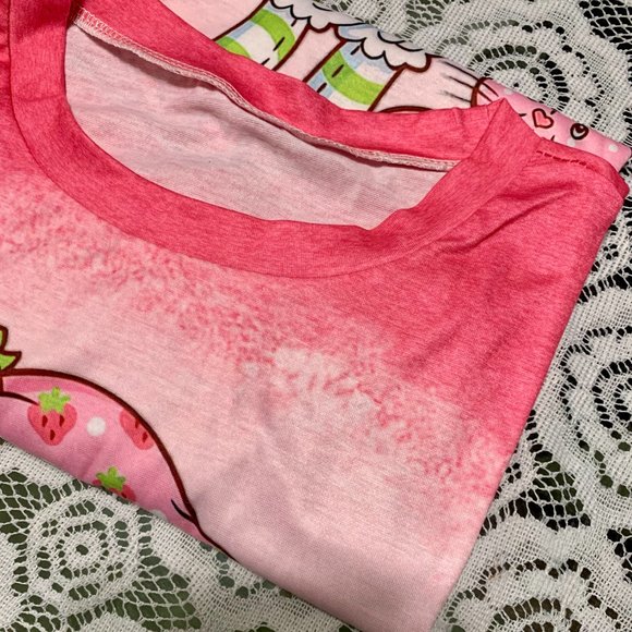Pink Strawberry Shortcake Cartoon Character & Cat Print T-Shirt size Small - Picture 6 of 6